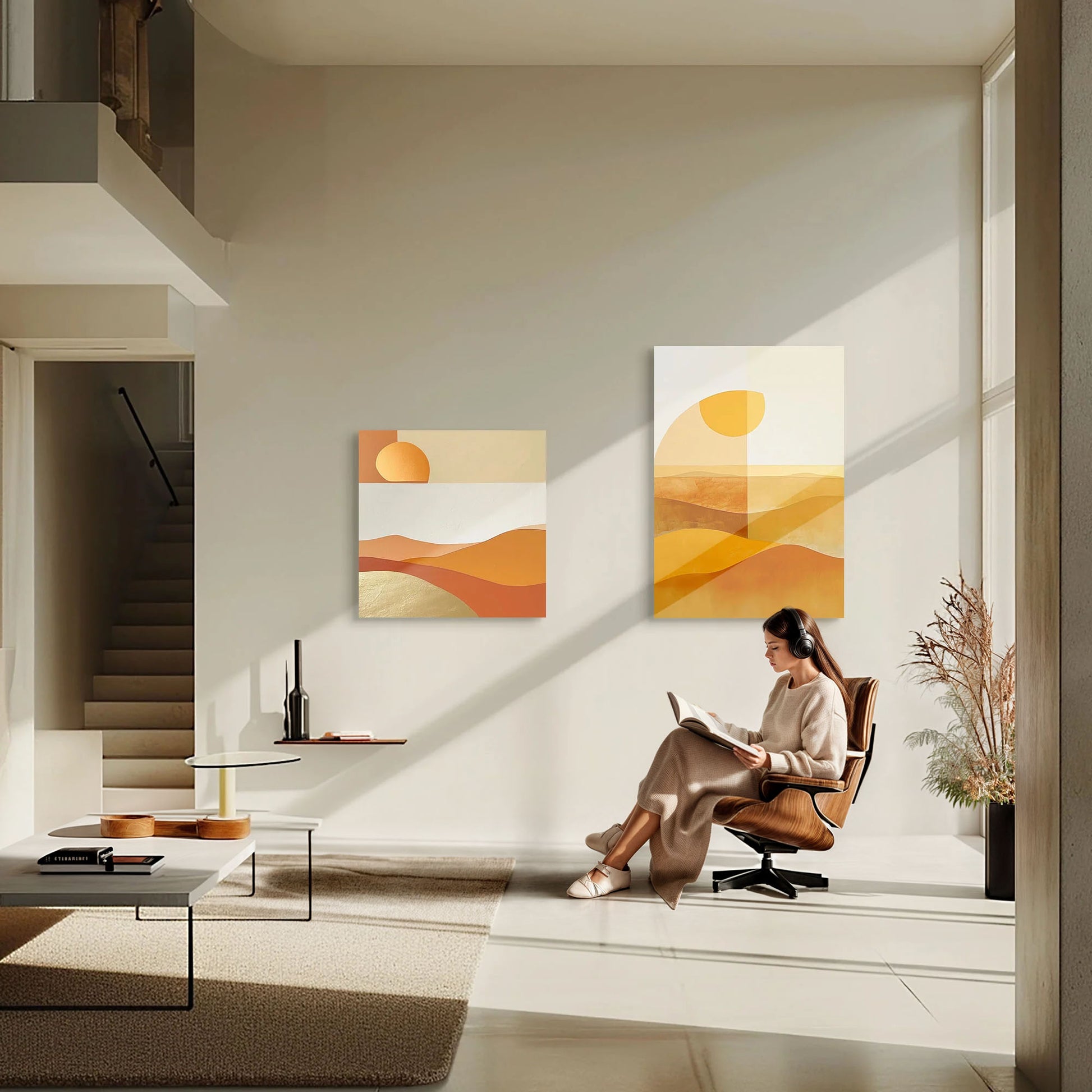 Imagen de arte minimalista que representa un paisaje desértico con colinas y un sol estilizado, usando tonos cálidos como naranja, dorado y beige. La obra combina formas geométricas simples con texturas suaves, ideal para una decoración moderna y elegante.