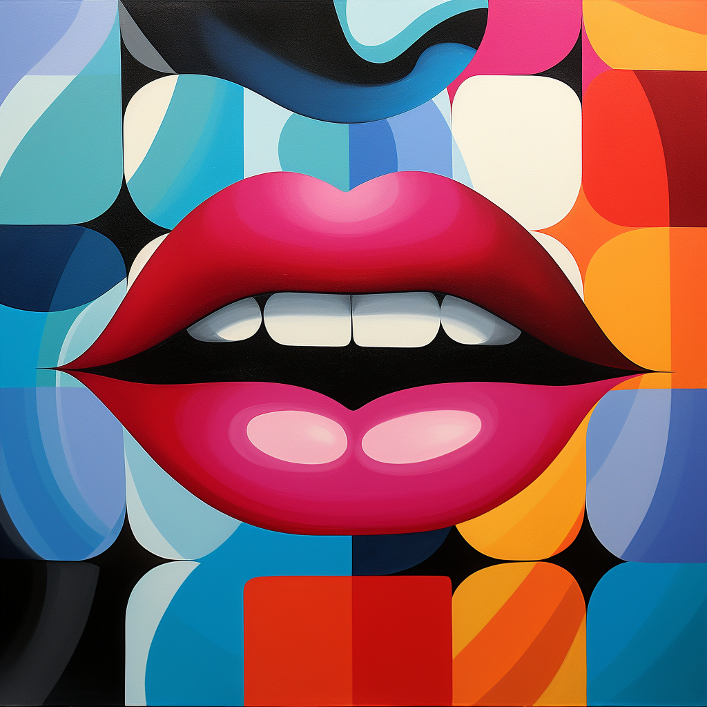 Imagen de arte pop que muestra unos labios rojos prominentes sobre un fondo geométrico colorido, con formas y patrones vibrantes en tonos variados.