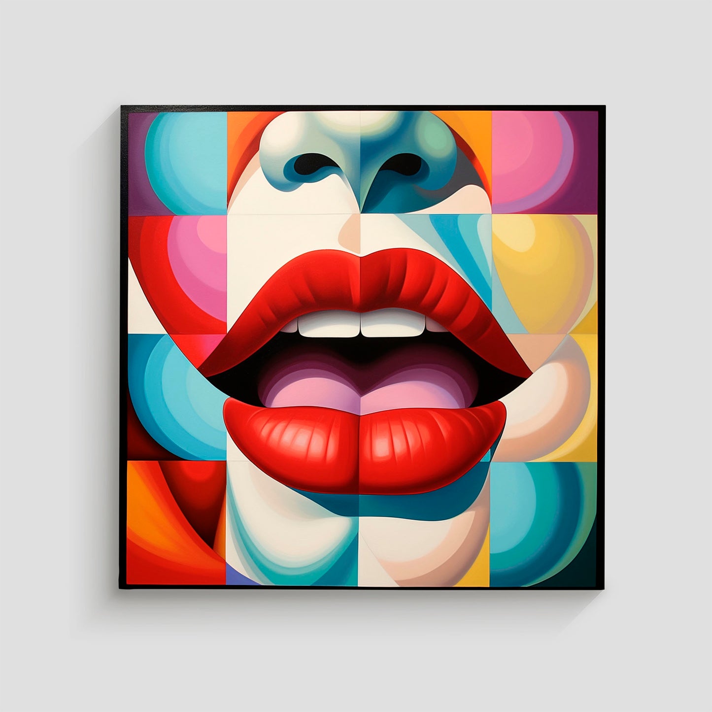 Imagen de arte pop que muestra unos labios rojos abiertos sobre un fondo geométrico colorido, con formas y patrones vibrantes en tonos variados, destacando la nariz y parte del rostro en un estilo abstracto.