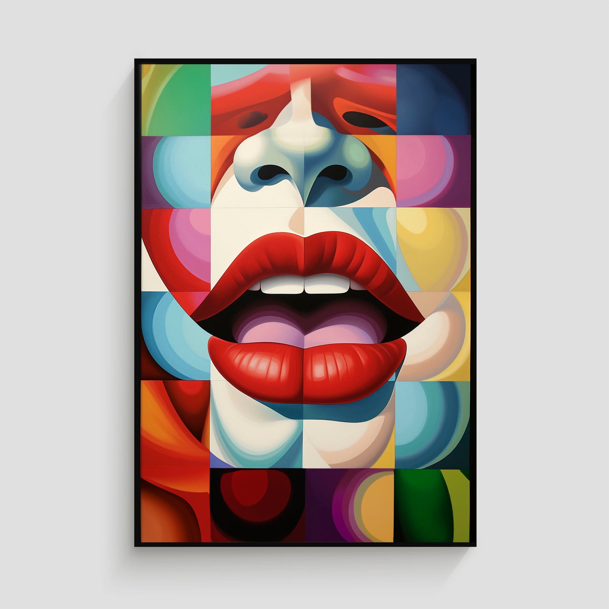 Imagen de arte pop que muestra unos labios rojos abiertos sobre un fondo geométrico colorido, con formas y patrones vibrantes en tonos variados, destacando la nariz y parte del rostro en un estilo abstracto.