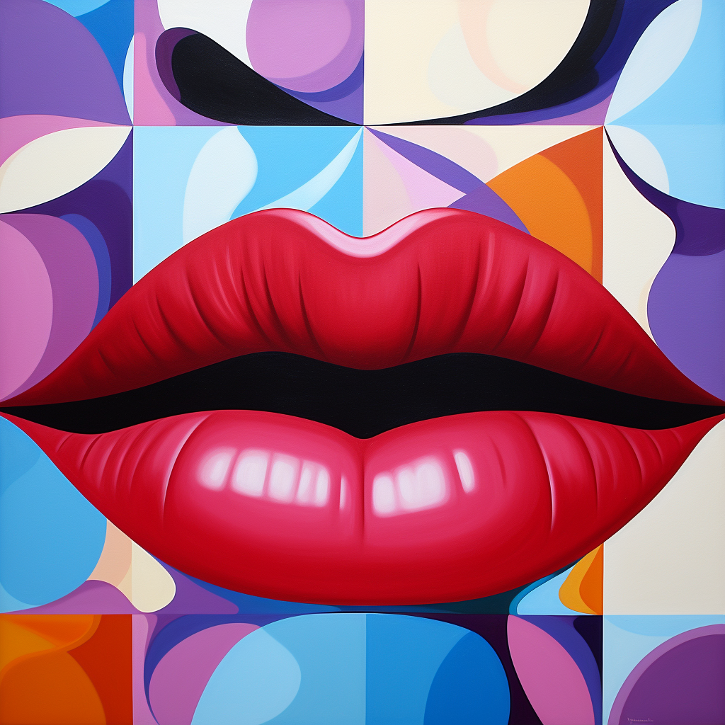Imagen de arte pop que muestra unos labios rojos prominentes sobre un fondo geométrico colorido, con formas y patrones vibrantes en tonos variados.