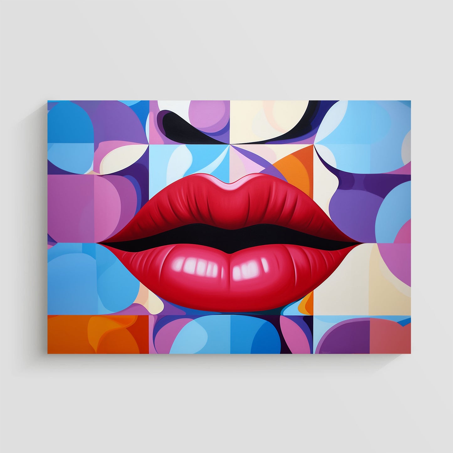 Imagen de arte pop que muestra unos labios rojos prominentes sobre un fondo geométrico colorido, con formas y patrones vibrantes en tonos variados.