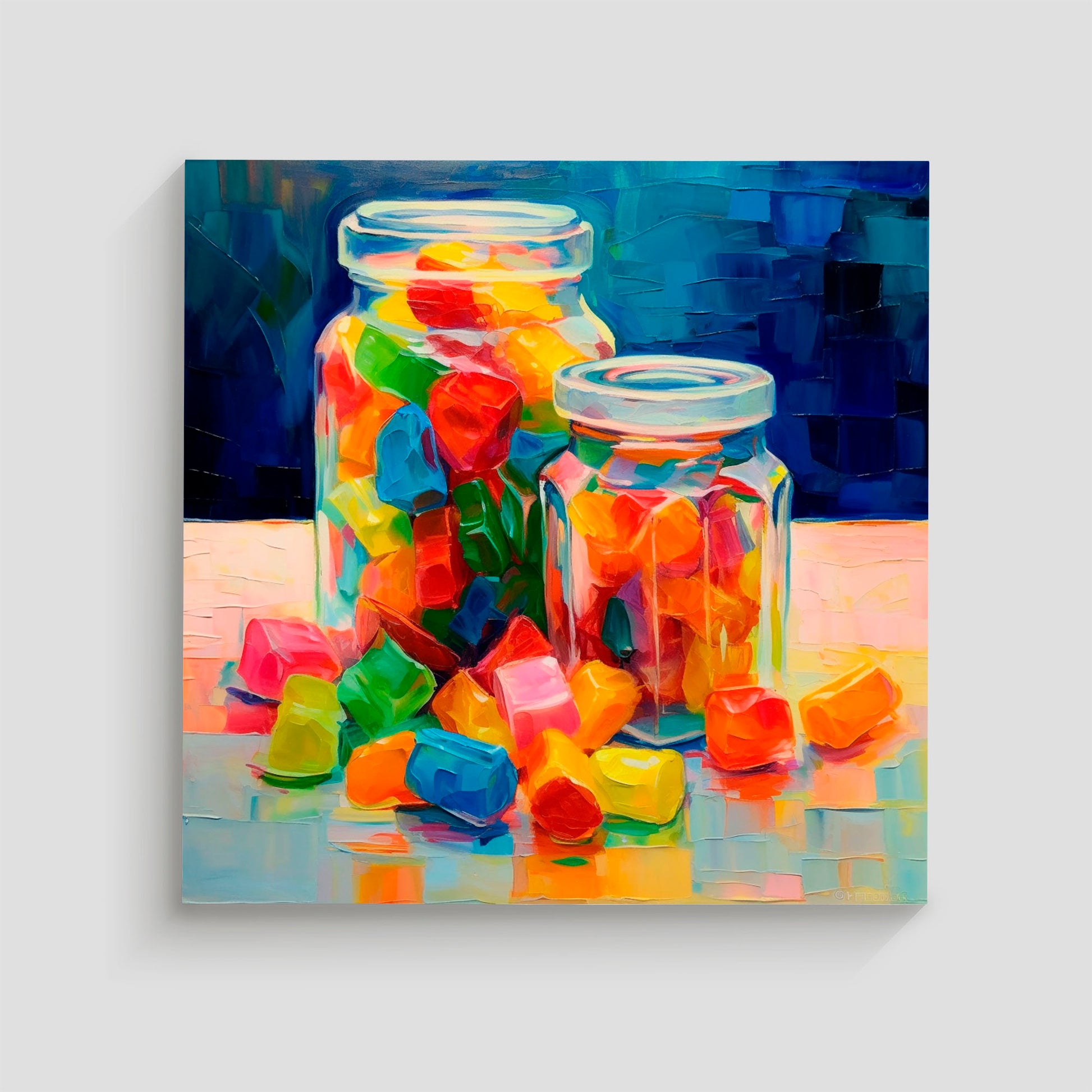 Imagen artística de dos frascos de vidrio llenos de gomitas de colores brillantes, con algunas gomitas esparcidas en la mesa. La pintura utiliza una paleta de colores intensos y trazos expresivos, ideal para añadir un toque alegre y dinámico a la decoración de interiores.