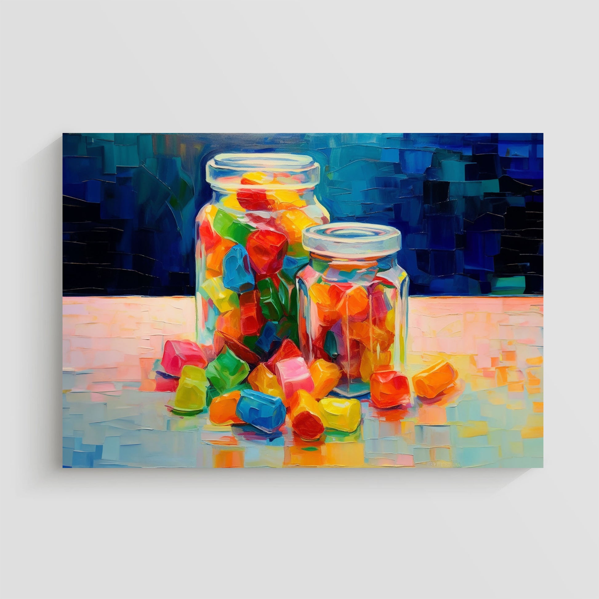 Imagen artística de dos frascos de vidrio llenos de gomitas de colores brillantes, con algunas gomitas esparcidas en la mesa. La pintura utiliza una paleta de colores intensos y trazos expresivos, ideal para añadir un toque alegre y dinámico a la decoración de interiores.