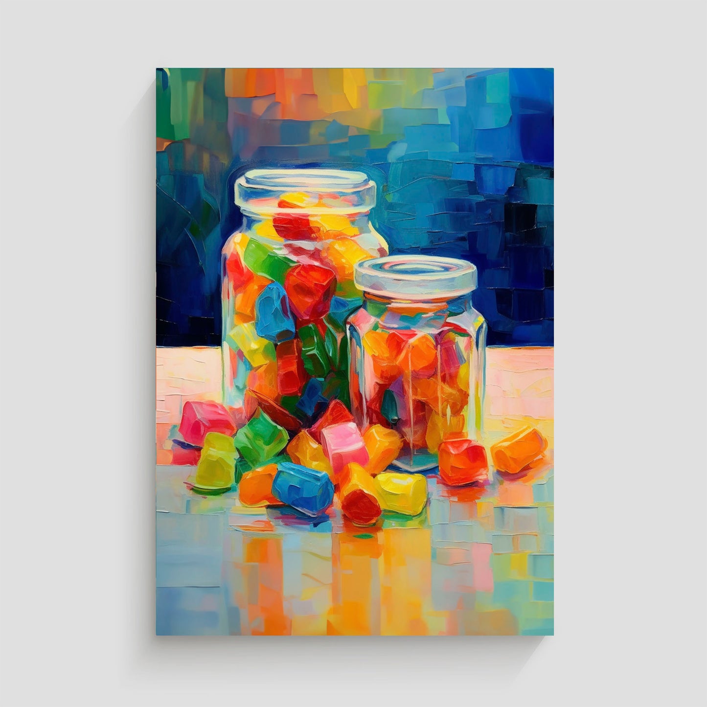 Imagen artística de dos frascos de vidrio llenos de gomitas de colores brillantes, con algunas gomitas esparcidas en la mesa. La pintura utiliza una paleta de colores intensos y trazos expresivos, ideal para añadir un toque alegre y dinámico a la decoración de interiores.