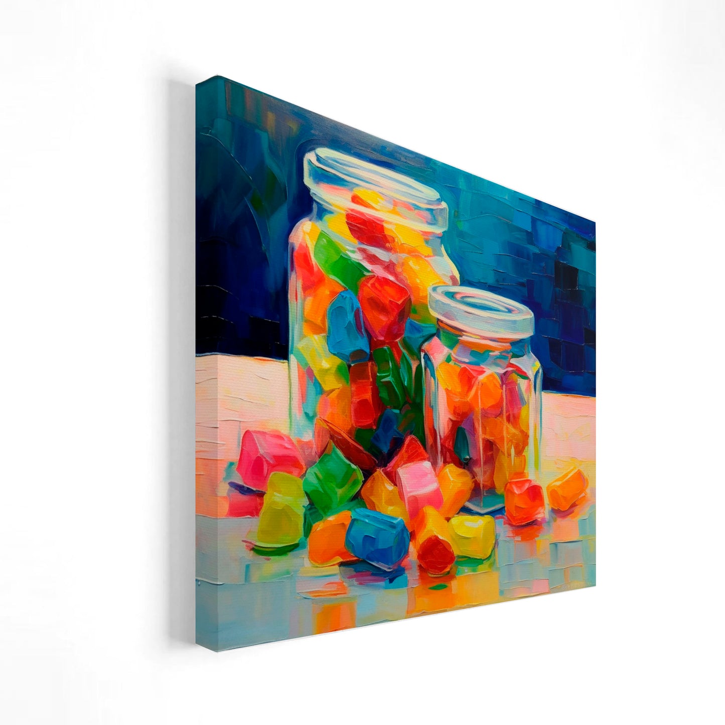 Imagen artística de dos frascos de vidrio llenos de gomitas de colores brillantes, con algunas gomitas esparcidas en la mesa. La pintura utiliza una paleta de colores intensos y trazos expresivos, ideal para añadir un toque alegre y dinámico a la decoración de interiores.