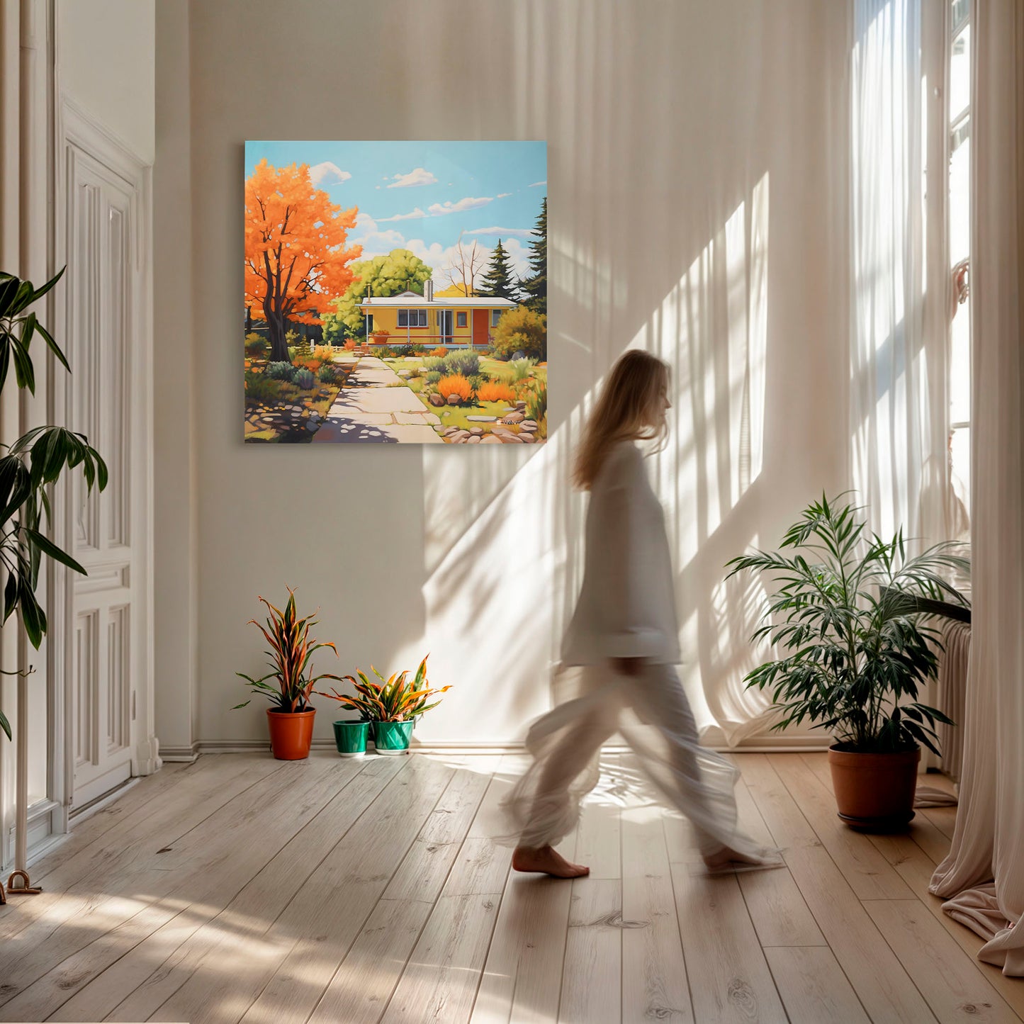 Ilustración de una casa de color amarillo con un porche, rodeada de un jardín vibrante en otoño, con un árbol de hojas naranjas y un cielo azul despejado. La escena captura la calidez y la serenidad de un entorno natural en temporada otoñal.