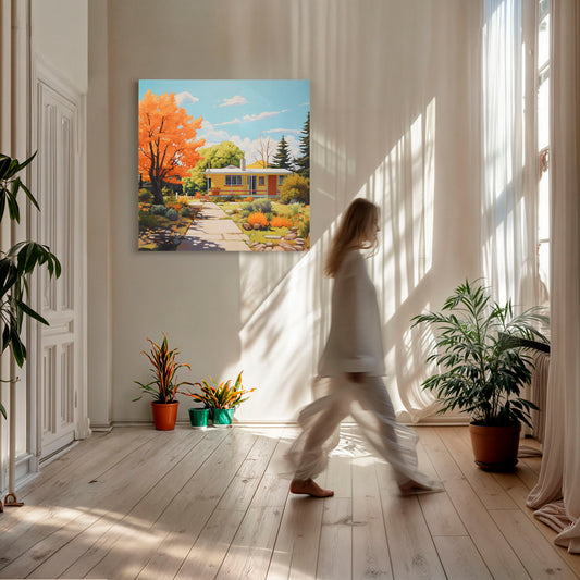 Cuadro de una casa de color amarillo con un porche, rodeada de un jardín vibrante en otoño, con un árbol de hojas naranjas y un cielo azul despejado. La escena captura la calidez y la serenidad de un entorno natural en temporada otoñal.