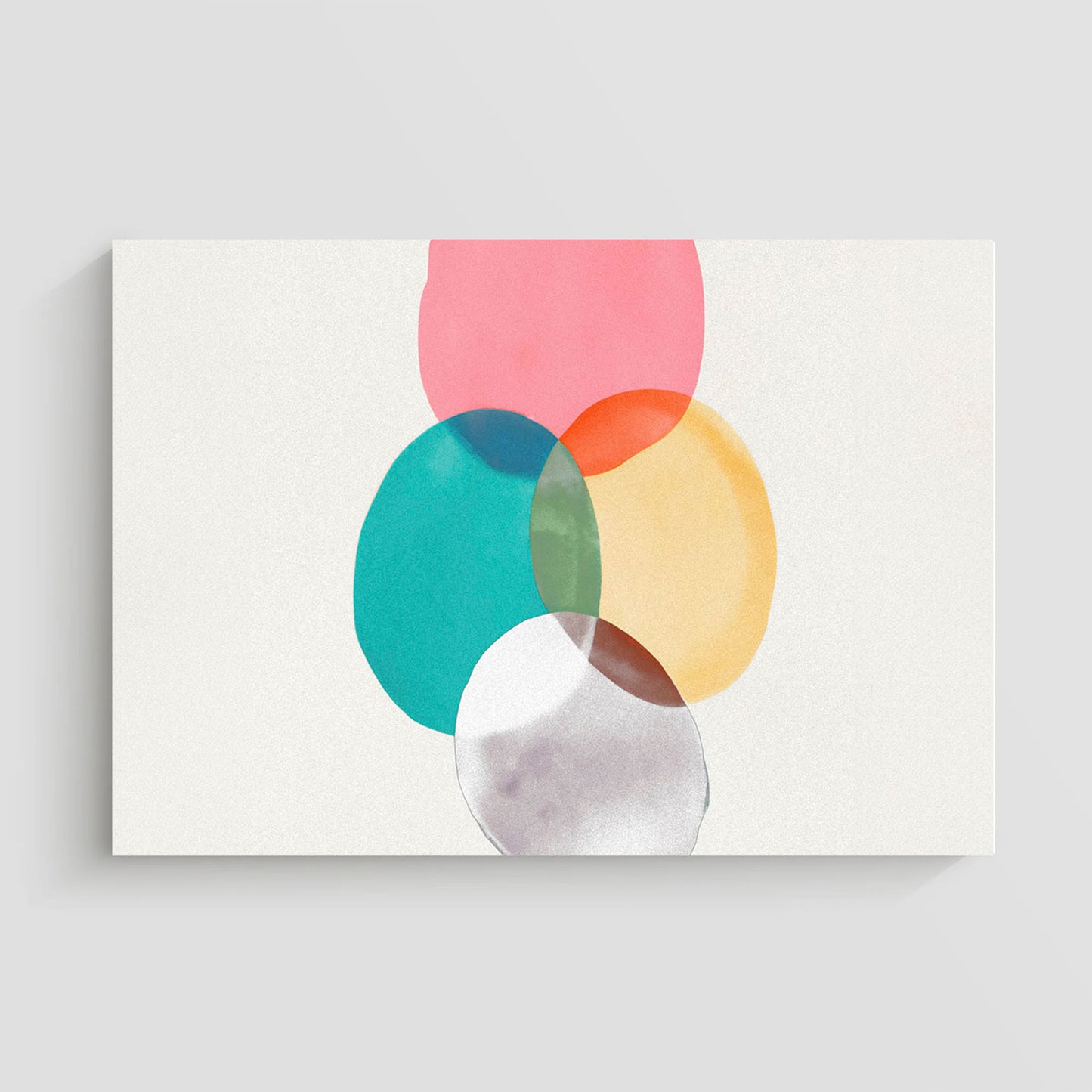 Imagen abstracta con formas circulares de colores brillantes como turquesa, amarillo, rosa y rojo, superpuestas en un diseño minimalista sobre un fondo blanco. Ideal para decoración moderna y colorida en espacios interiores.