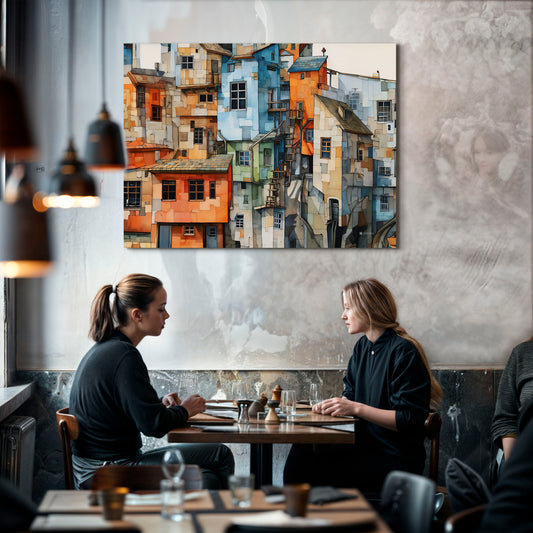 Ilustración de un pueblo compuesto por casas apiladas con colores vivos como azul, naranja y verde, presentadas en un estilo abstracto y detallado. La obra destaca por su arquitectura única y textura artística, ideal para decoración creativa y moderna.