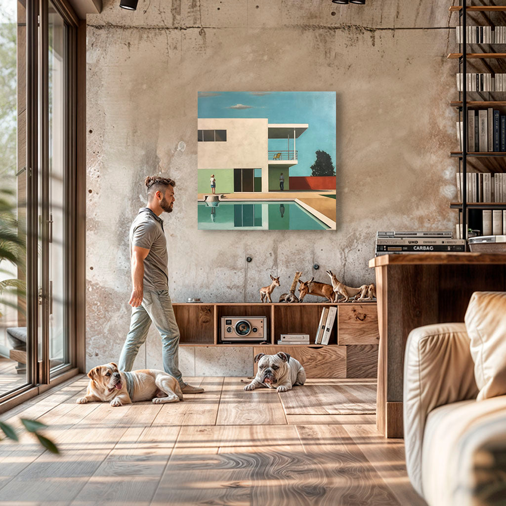 Imagen artística de una casa moderna con líneas minimalistas y una piscina en primer plano. Dos figuras humanas están presentes en la escena, una en la terraza superior y otra junto a la piscina, bajo un cielo azul claro. Ideal para decoración contemporánea que evoca tranquilidad y sofisticación.