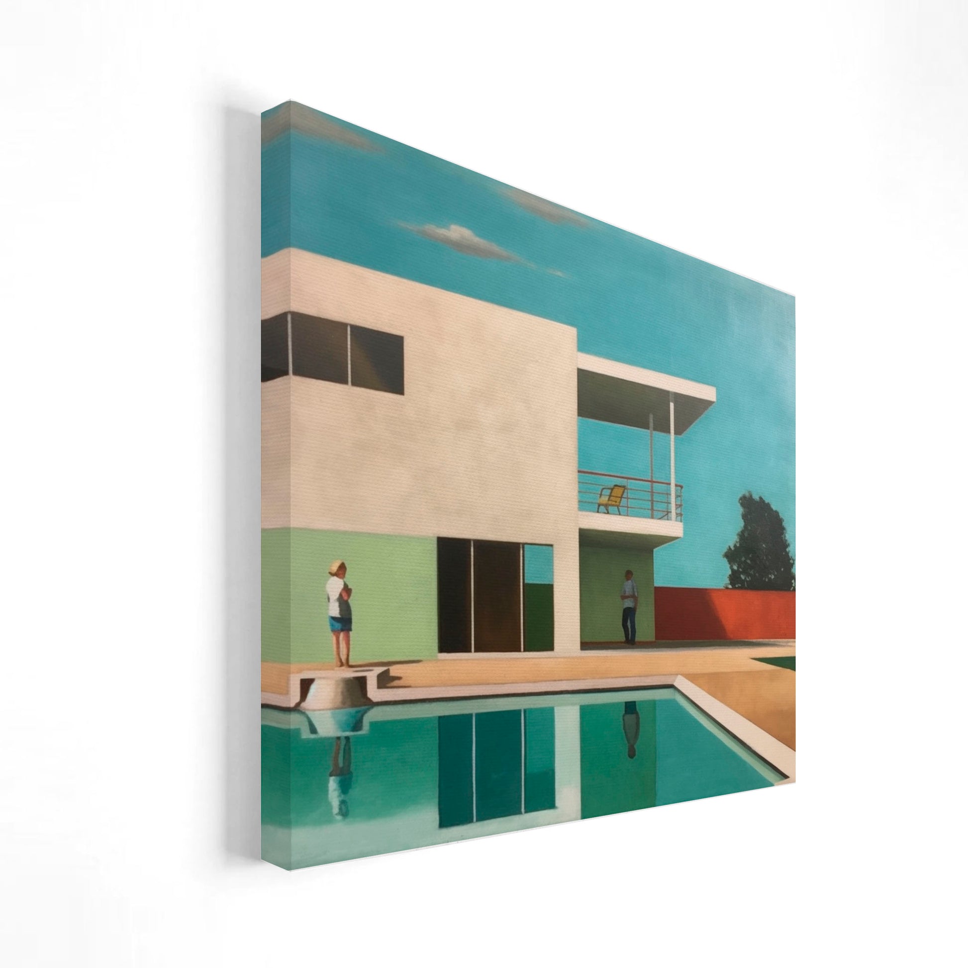 Imagen artística de una casa moderna con líneas minimalistas y una piscina en primer plano. Dos figuras humanas están presentes en la escena, una en la terraza superior y otra junto a la piscina, bajo un cielo azul claro. Ideal para decoración contemporánea que evoca tranquilidad y sofisticación.