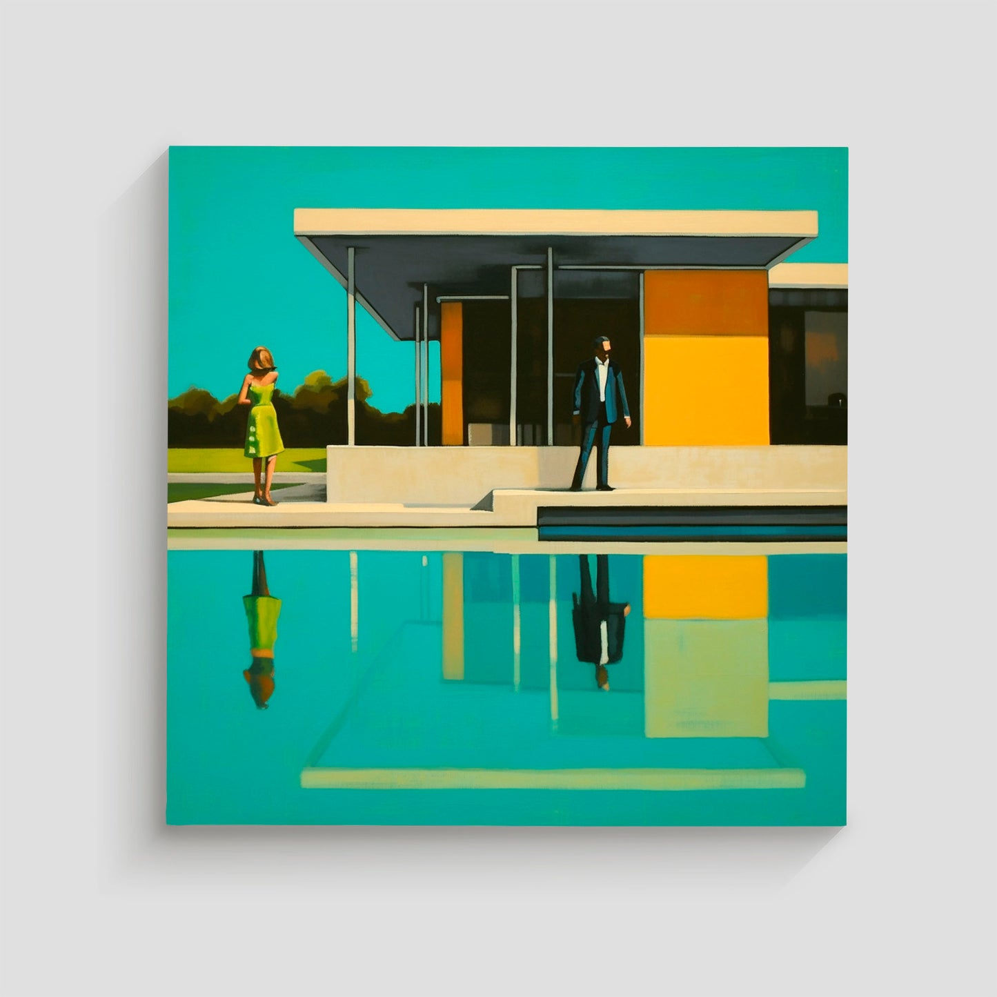 Imagen artística de una casa con diseño minimalista, grandes ventanales y una piscina reflejando la estructura. Dos figuras humanas, una mujer con vestido verde y un hombre en traje oscuro, están presentes en la escena bajo un cielo azul brillante. Ideal para decoración contemporánea y sofisticada.