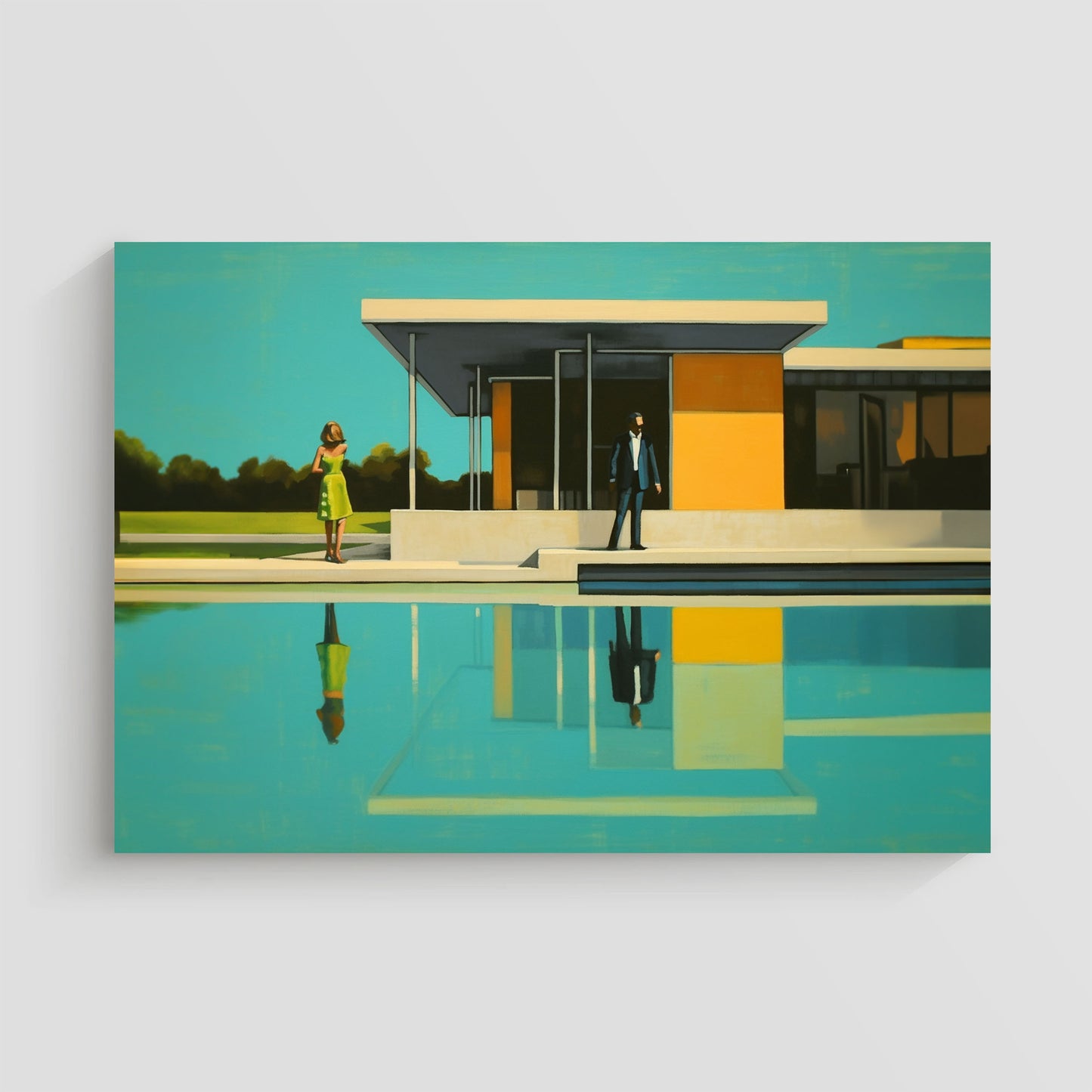 Imagen artística de una casa con diseño minimalista, grandes ventanales y una piscina reflejando la estructura. Dos figuras humanas, una mujer con vestido verde y un hombre en traje oscuro, están presentes en la escena bajo un cielo azul brillante. Ideal para decoración contemporánea y sofisticada.