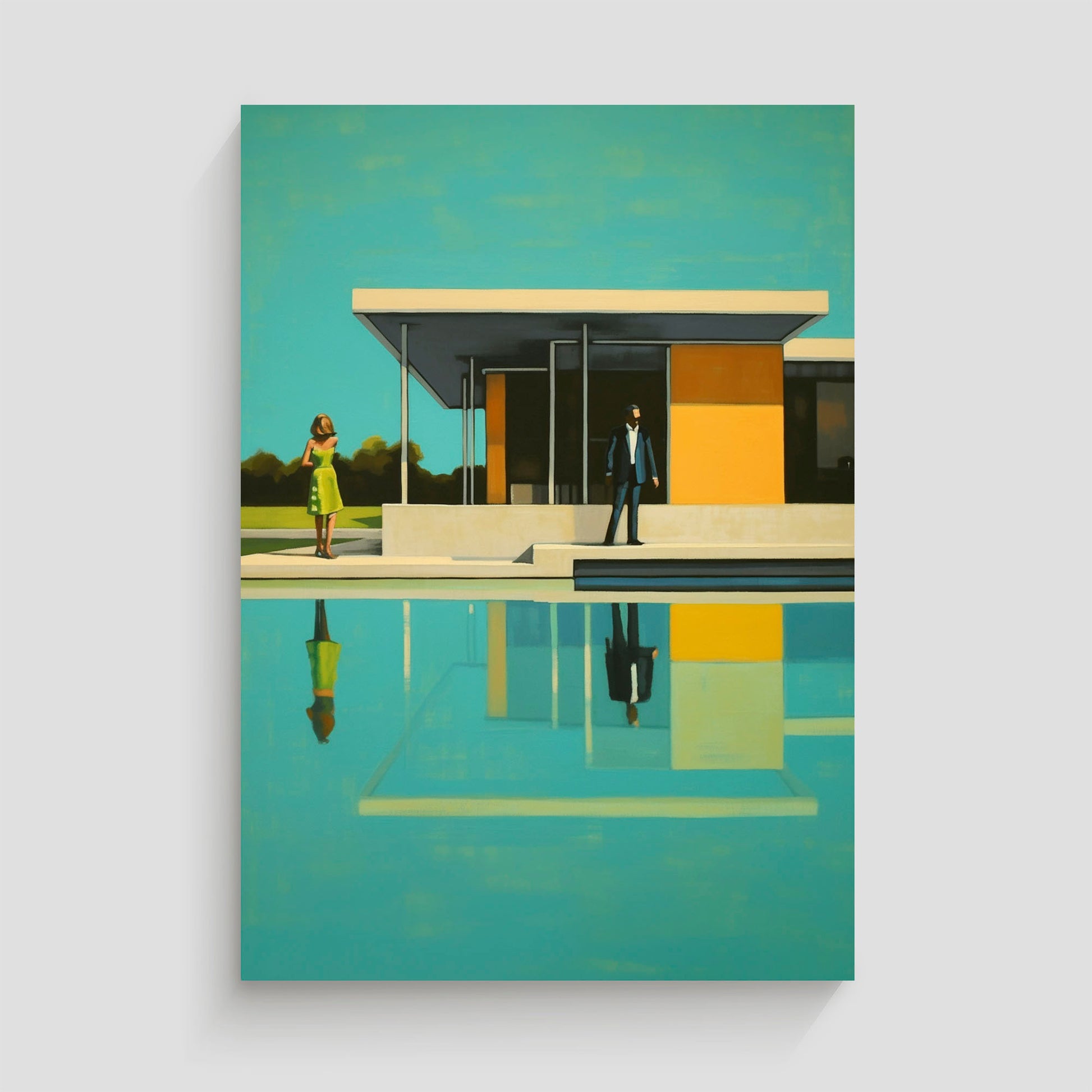 Imagen artística de una casa con diseño minimalista, grandes ventanales y una piscina reflejando la estructura. Dos figuras humanas, una mujer con vestido verde y un hombre en traje oscuro, están presentes en la escena bajo un cielo azul brillante. Ideal para decoración contemporánea y sofisticada.