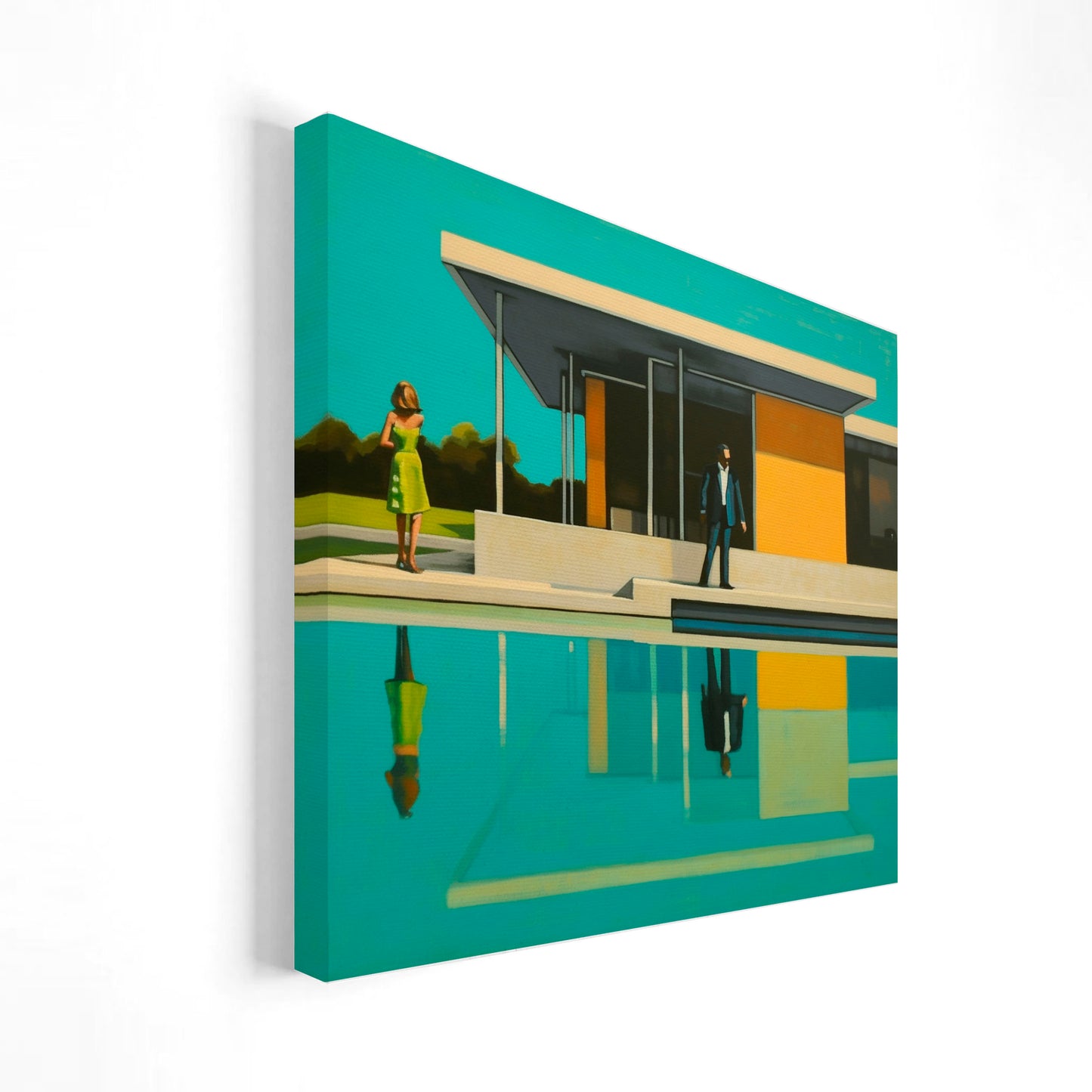 Imagen artística de una casa con diseño minimalista, grandes ventanales y una piscina reflejando la estructura. Dos figuras humanas, una mujer con vestido verde y un hombre en traje oscuro, están presentes en la escena bajo un cielo azul brillante. Ideal para decoración contemporánea y sofisticada.