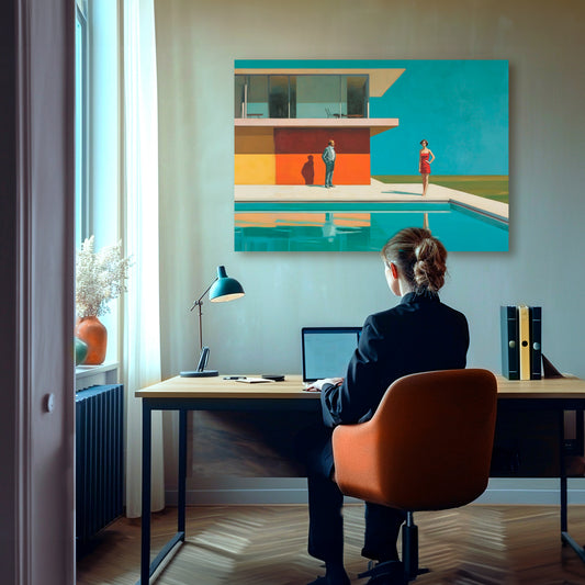 Imagen artística de una casa de diseño minimalista con un muro rojo y una piscina en primer plano. Dos figuras humanas, un hombre en traje y una mujer con vestido rojo, están presentes en la escena, destacando bajo un cielo azul brillante. Ideal para decoración contemporánea que evoca lujo y estilo sofisticado.