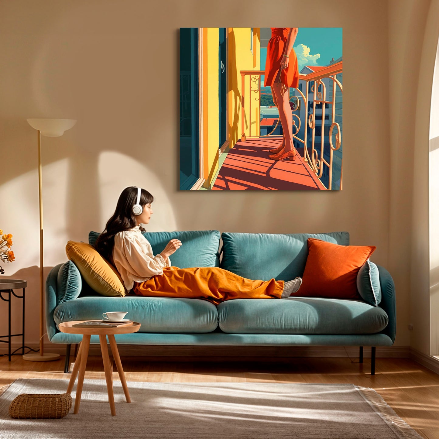 Imagen artística de una mujer de pie en un balcón, vestida con un vestido rojo y zapatos a juego, con la luz del sol proyectando sombras sobre el suelo y las barandillas. El fondo muestra una vista de edificios bajo un cielo azul claro. Ideal para decoración moderna que captura una escena de verano vibrante y relajante.