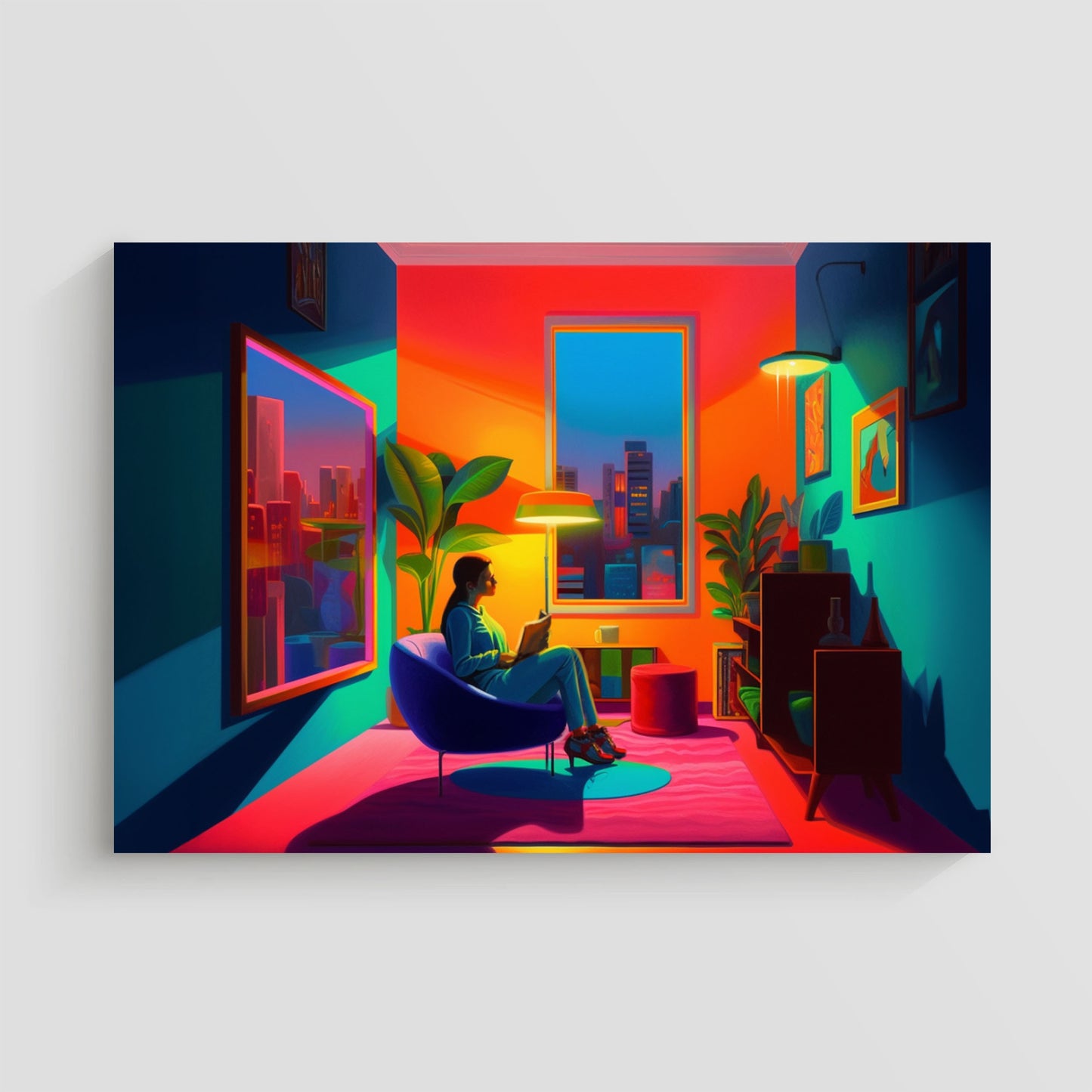 Imagen artística de una mujer sentada en una silla leyendo un libro dentro de una habitación con una decoración moderna y vibrante, iluminada por colores cálidos y fríos. Ventanas grandes muestran un paisaje urbano en el fondo, creando un ambiente acogedor y contemporáneo. Ideal para decoración de interiores y arte moderno.