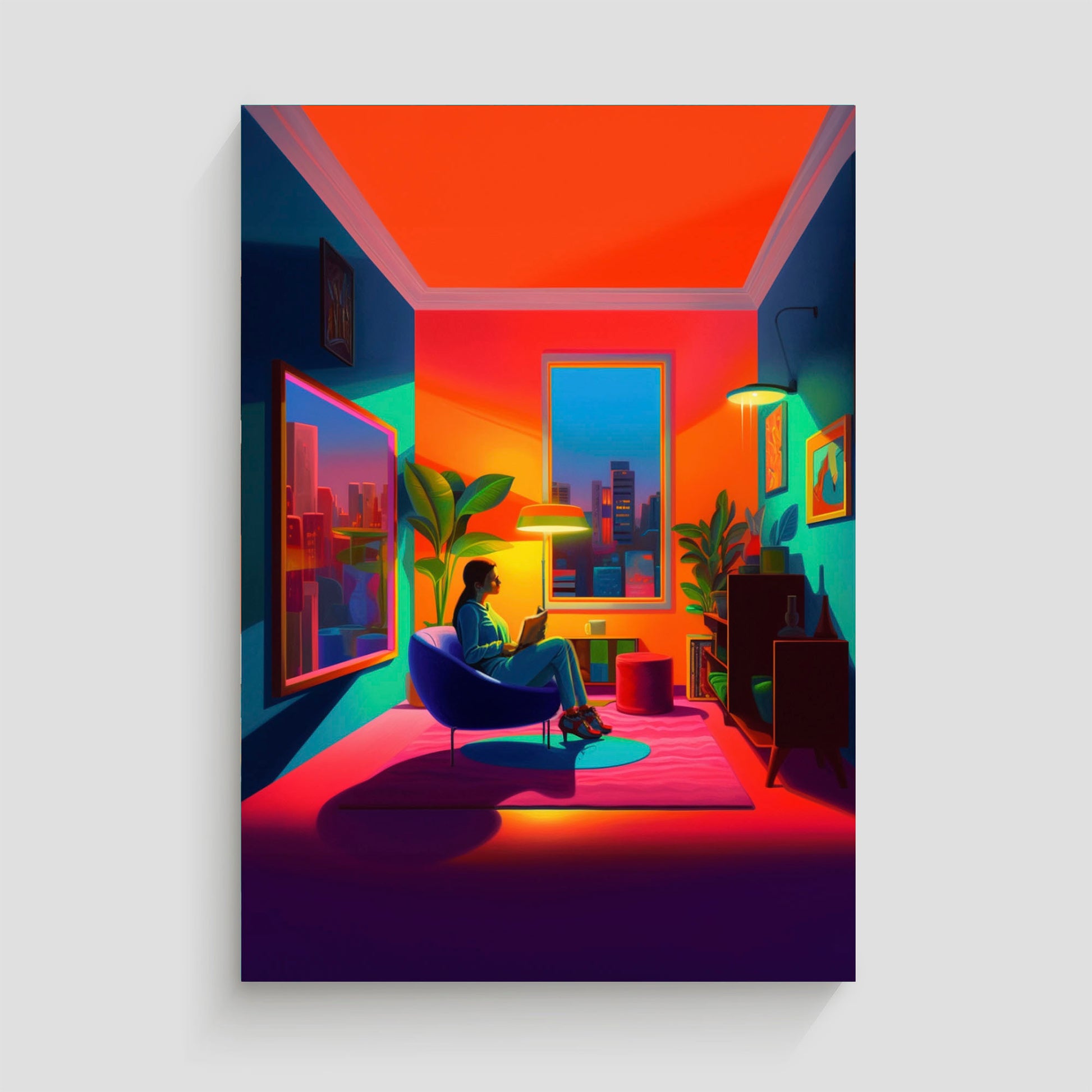 Imagen artística de una mujer sentada en una silla leyendo un libro dentro de una habitación con una decoración moderna y vibrante, iluminada por colores cálidos y fríos. Ventanas grandes muestran un paisaje urbano en el fondo, creando un ambiente acogedor y contemporáneo. Ideal para decoración de interiores y arte moderno.