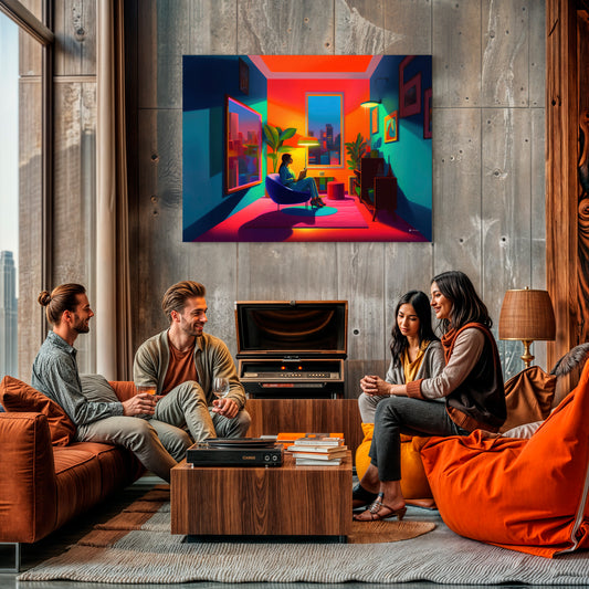 Imagen artística de una mujer sentada en una silla leyendo un libro dentro de una habitación con una decoración moderna y vibrante, iluminada por colores cálidos y fríos. Ventanas grandes muestran un paisaje urbano en el fondo, creando un ambiente acogedor y contemporáneo. Ideal para decoración de interiores y arte moderno.