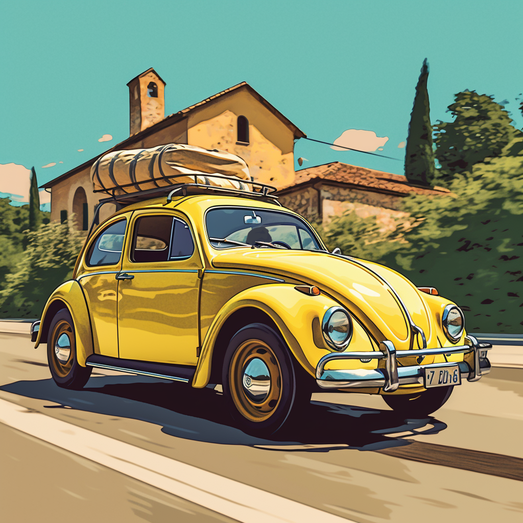 Imagen de un Volkswagen Beetle amarillo con equipaje en el techo, conduciendo por una carretera rural en la campiña, con colinas y casas al fondo bajo un cielo parcialmente nublado.