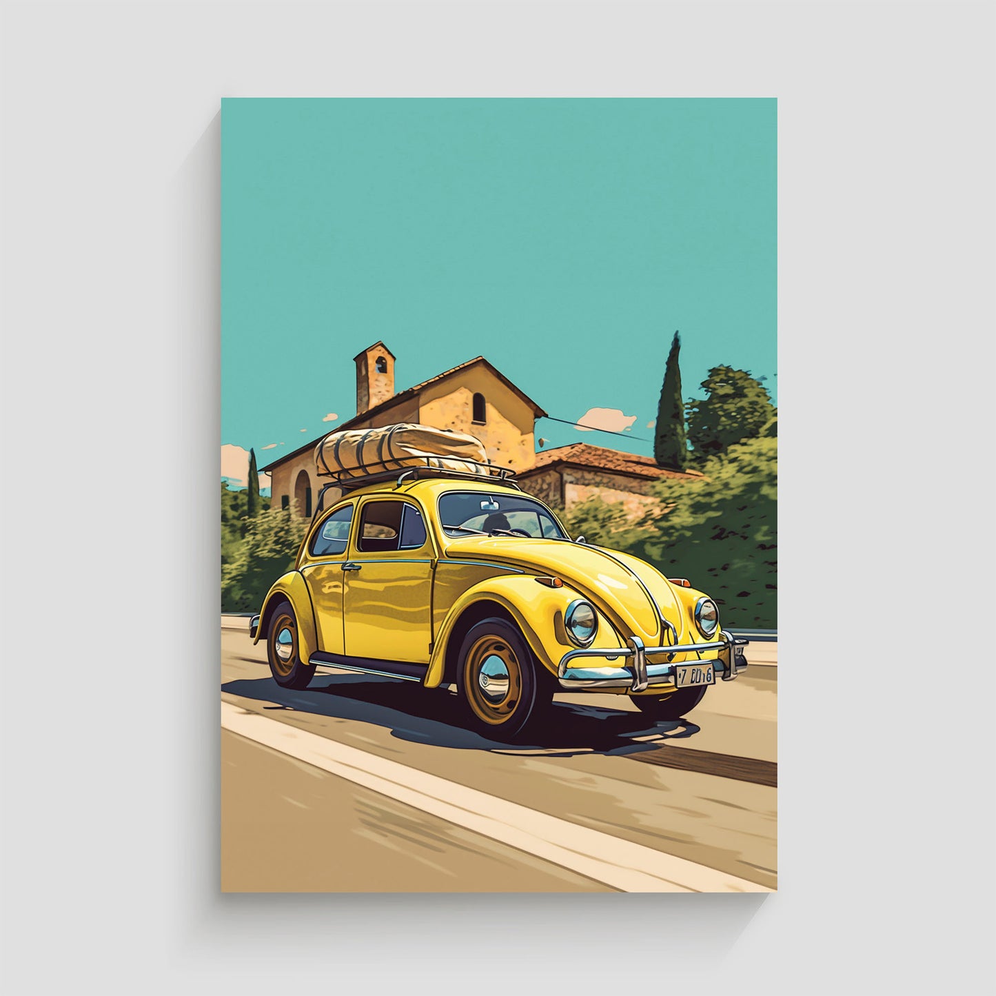 Imagen de un Volkswagen Beetle amarillo con equipaje en el techo, conduciendo por una carretera rural en la campiña, con colinas y casas al fondo bajo un cielo parcialmente nublado.