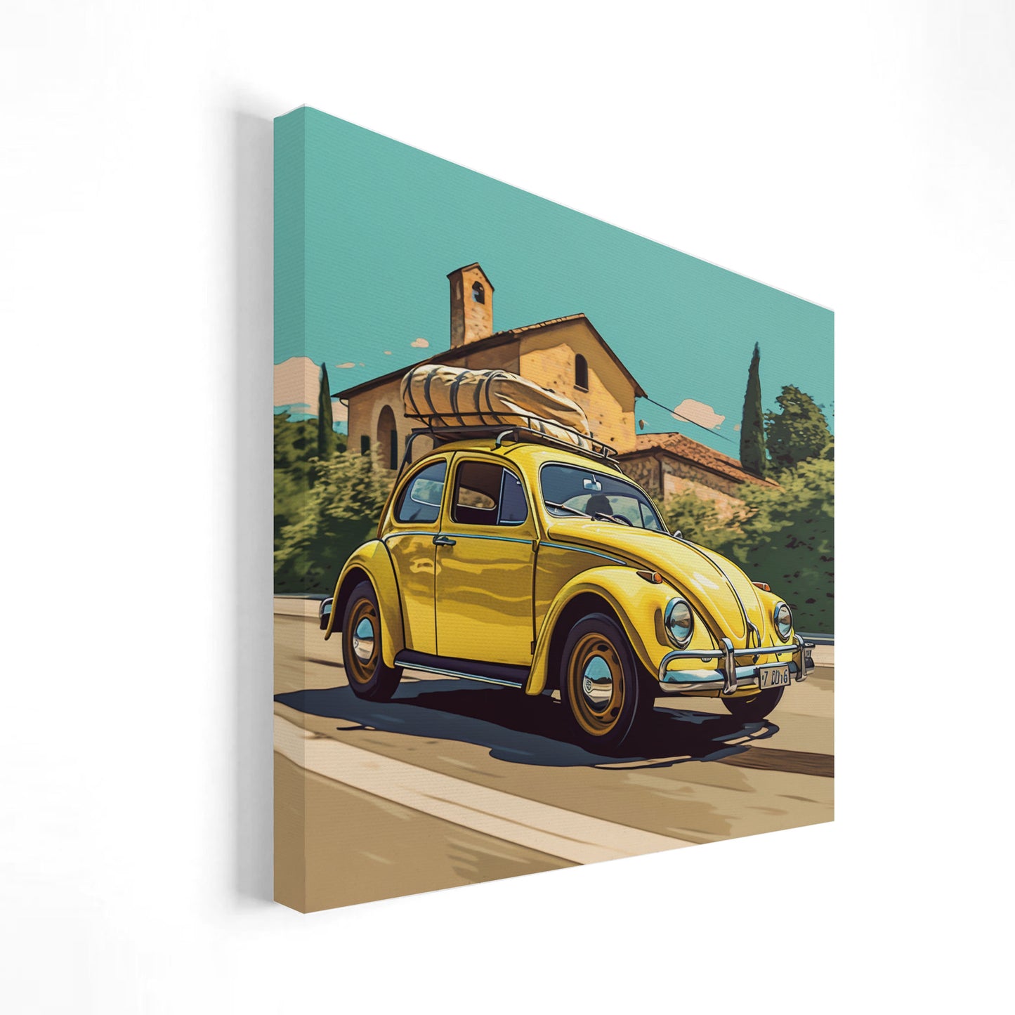 Imagen de un Volkswagen Beetle amarillo con equipaje en el techo, conduciendo por una carretera rural en la campiña, con colinas y casas al fondo bajo un cielo parcialmente nublado.