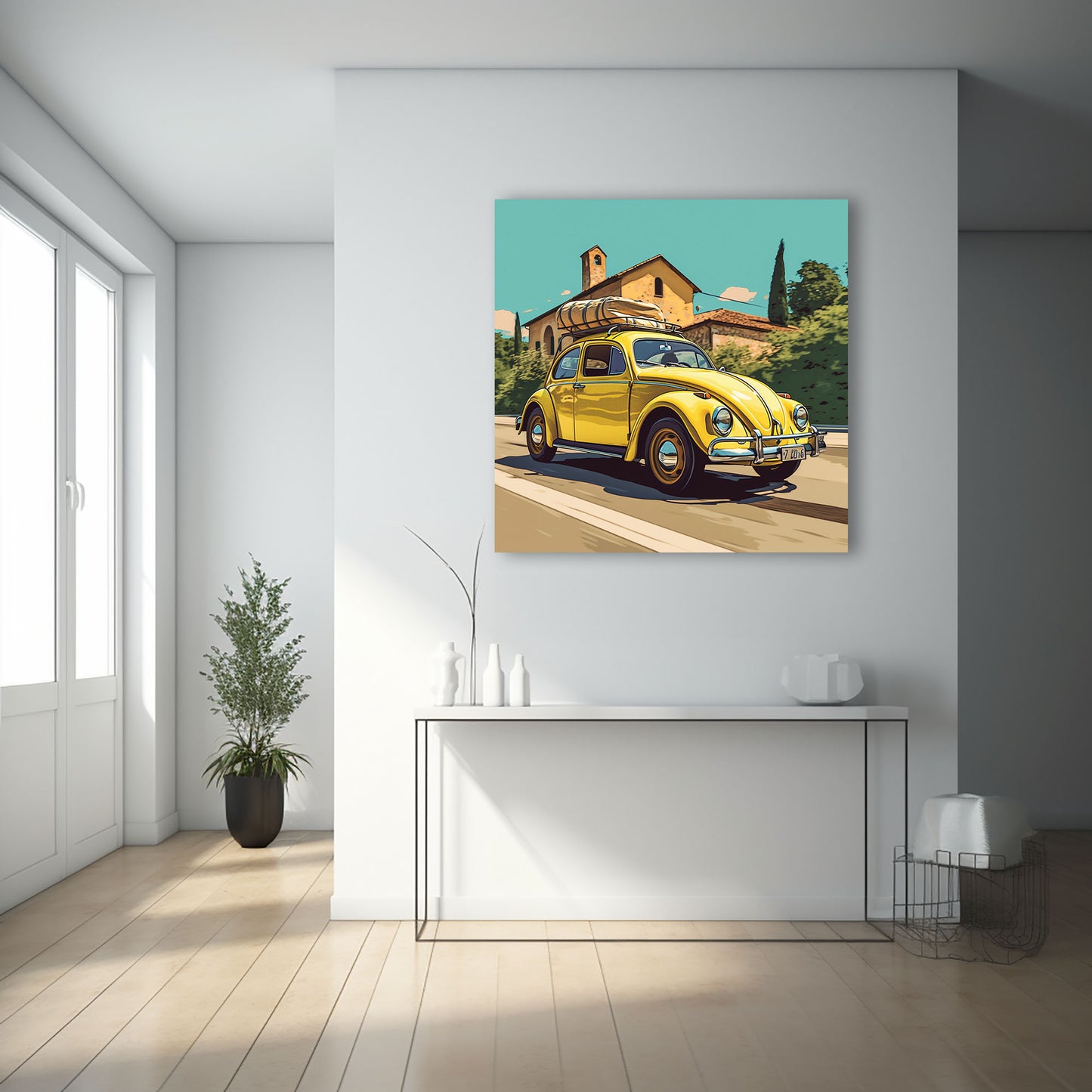 Imagen de un Volkswagen Beetle amarillo con equipaje en el techo, conduciendo por una carretera rural en la campiña, con colinas y casas al fondo bajo un cielo parcialmente nublado.