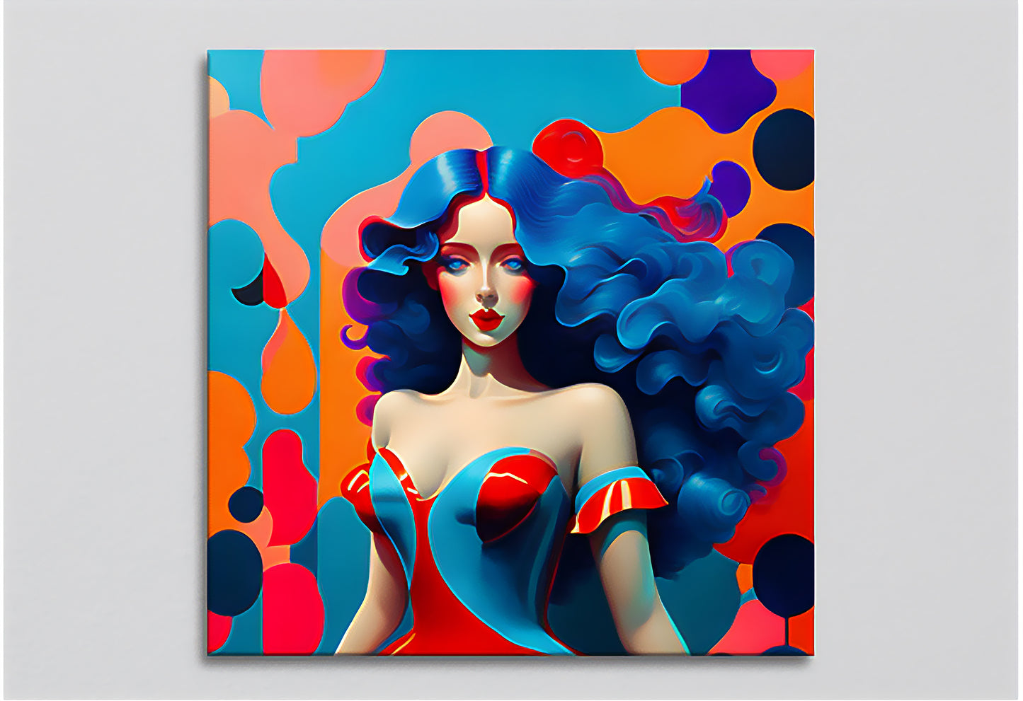 Ilustración de una mujer con cabello azul ondulado y un vestido en tonos rojo y azul, con un fondo de formas abstractas y colores brillantes.