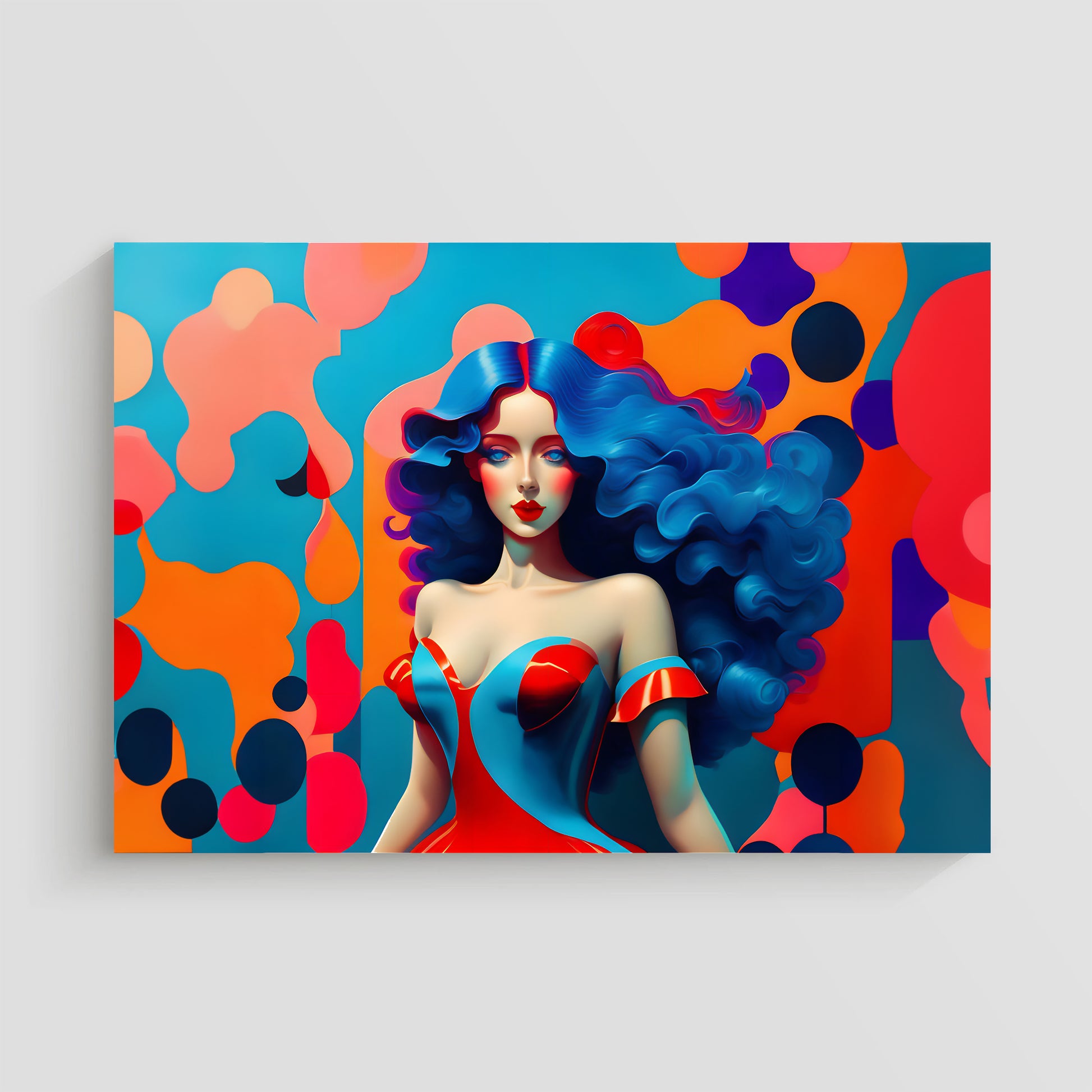 Ilustración de una mujer con cabello azul ondulado y un vestido en tonos rojo y azul, con un fondo de formas abstractas y colores brillantes.