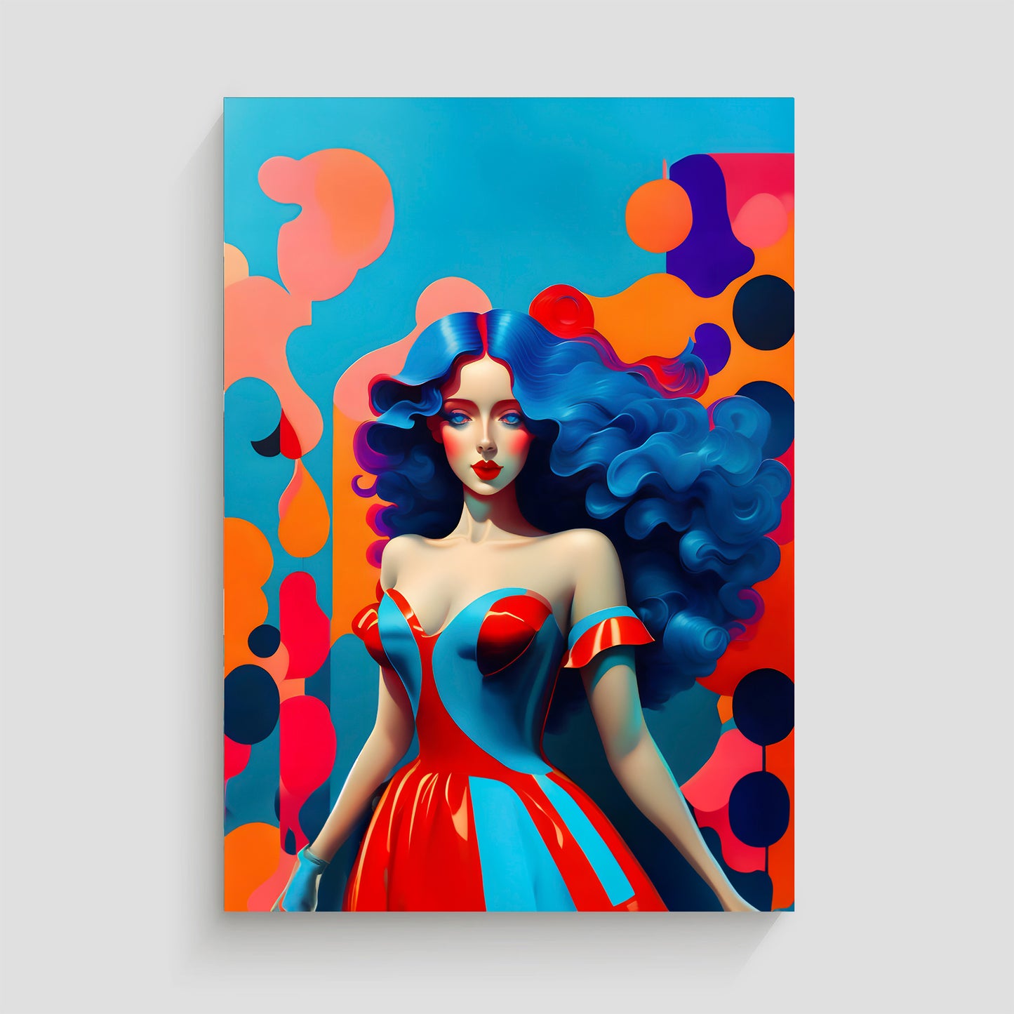 Ilustración de una mujer con cabello azul ondulado y un vestido en tonos rojo y azul, con un fondo de formas abstractas y colores brillantes.